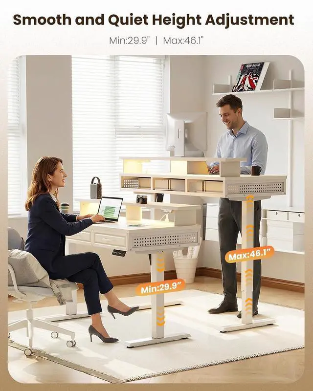 Alt view image 3 of 7 - Electric Standing Desk with 3 Wooden Drawers, 48 Inch Height Adjustable Desk with Power Outlets & LED Lights, White Sit Stand Table with Monitor Stand for Home, Office, Workstation
