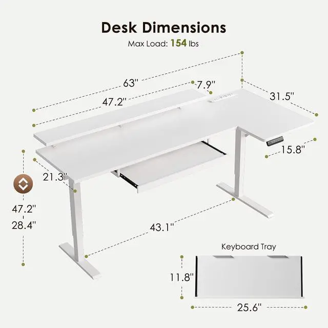 Alt view image 3 of 7 - 63 Inch L Shaped Electric Standing Desk with Keyboard Tray, Reversible Height Adjustable Corner Computer Desk with Monitor Stand, Sit Stand Up Lift Table for Home, Office, White