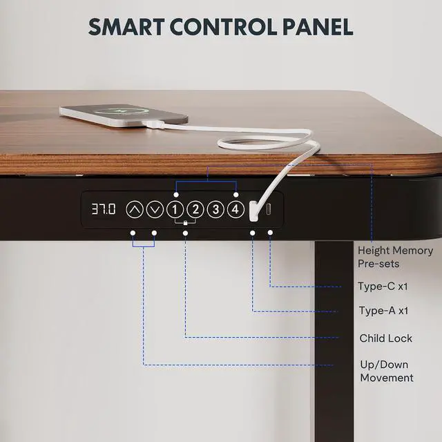 Alt view image 6 of 7 - Comhar 48" Electric Standing Desk with Drawers, Quick Assembly Home Office Sit Stand Desk with Storage & USB Charging, Computer Workstation for Home Office (48" Wood, Dark Walnut/Black)