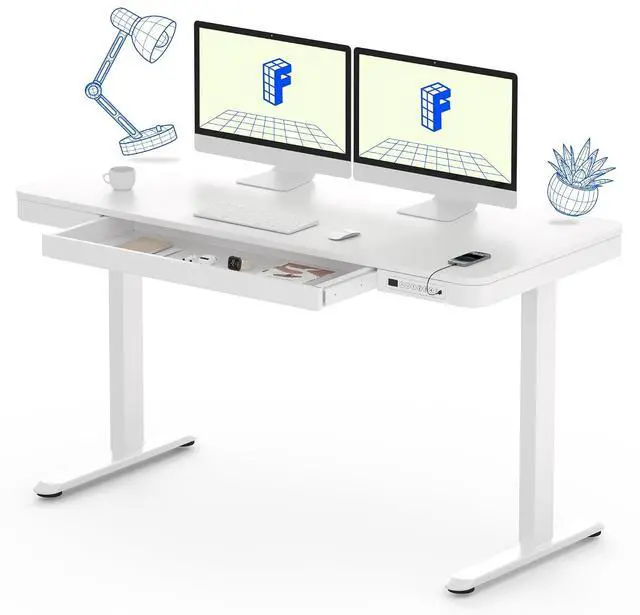 Main image of 55" White Electric Standing Desk with Drawers, Quick Assembly Home Office Sit Stand Desk with Storage, USB Charging, Computer Desk for Home Office (White Top + Adjustable Frame, Comhar)