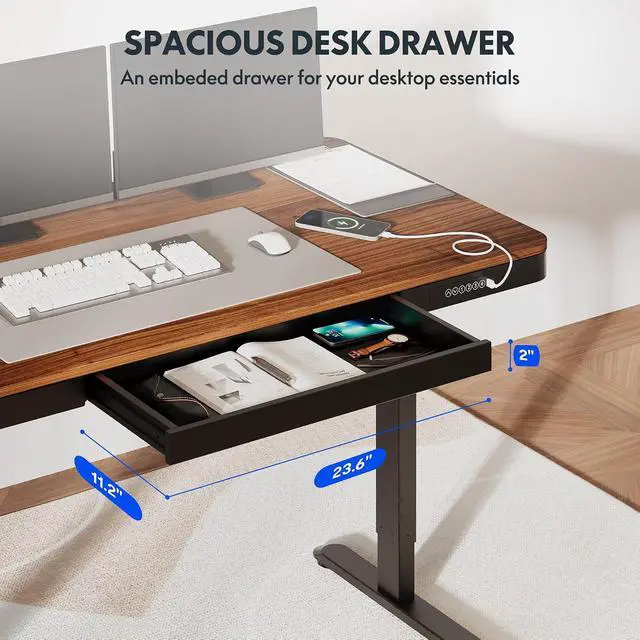 Alt view image 7 of 7 - Comhar 55" Electric Standing Desk with Drawers, Quick Assembly Home Office Sit Stand Desk with Storage & USB Charging, Computer Workstation for Home Office (55" Wood, Dark Walnut/Black)