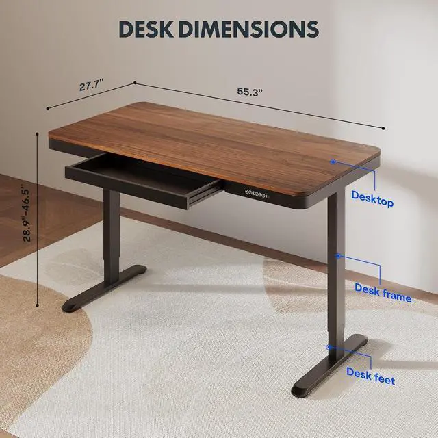 Alt view image 3 of 7 - Comhar 55" Electric Standing Desk with Drawers, Quick Assembly Home Office Sit Stand Desk with Storage & USB Charging, Computer Workstation for Home Office (55" Wood, Dark Walnut/Black)
