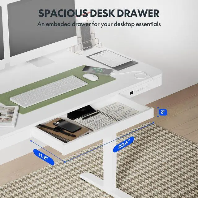 Alt view image 6 of 7 - 55" White Electric Standing Desk with Drawers, Quick Assembly Home Office Sit Stand Desk with Storage, USB Charging, Computer Desk for Home Office (White Top + Adjustable Frame, Comhar)