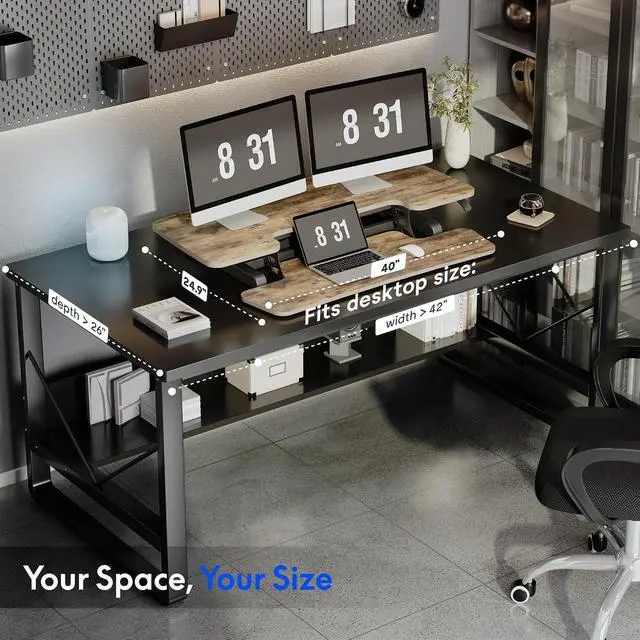 Alt view image 7 of 7 - Standing Desk Converter 40" Wide Desk Riser for Multi-Device, Large Desktop Sit Stand Workstation for Dual Monitors, Ergonomic Height Adjustable Stand Up Desk Riser, Rustic Brown