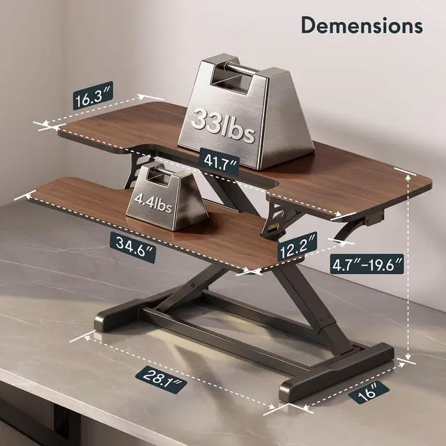 Alt view image 3 of 7 - Standing Desk Converter 42" Premium Large Desk Riser for Triple Monitor, Spacious Desktop Sit Stand Workstation with Ergonomic Height Adjustment, Modern Stand Up Desk Riser, Walnut