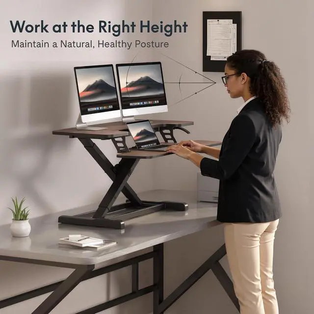 Alt view image 6 of 7 - Standing Desk Converter 42" Premium Large Desk Riser for Triple Monitor, Spacious Desktop Sit Stand Workstation with Ergonomic Height Adjustment, Modern Stand Up Desk Riser, Walnut
