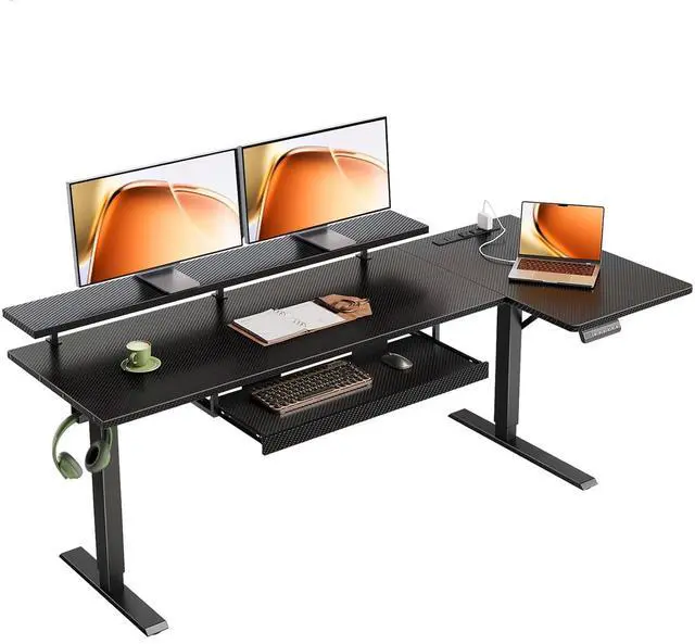 Main image of 63 Inch L Shaped Electric Standing Desk with Keyboard Tray, Reversible Height Adjustable Corner Computer Desk with Monitor Stand, Sit Stand Up Lift Table for Home, Office, Carbon Fiber Black