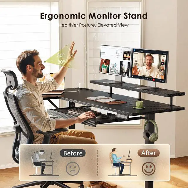 Alt view image 6 of 7 - 63 Inch L Shaped Electric Standing Desk with Keyboard Tray, Reversible Height Adjustable Corner Computer Desk with Monitor Stand, Sit Stand Up Lift Table for Home, Office, Carbon Fiber Black