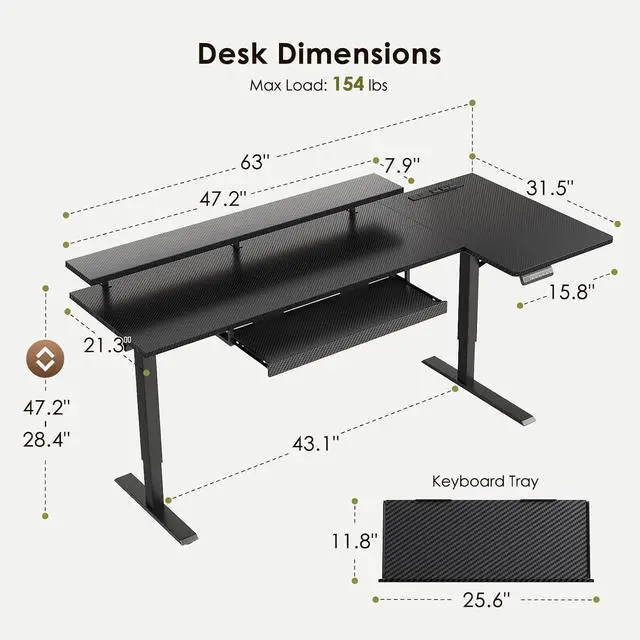 Alt view image 3 of 7 - 63 Inch L Shaped Electric Standing Desk with Keyboard Tray, Reversible Height Adjustable Corner Computer Desk with Monitor Stand, Sit Stand Up Lift Table for Home, Office, Carbon Fiber Black