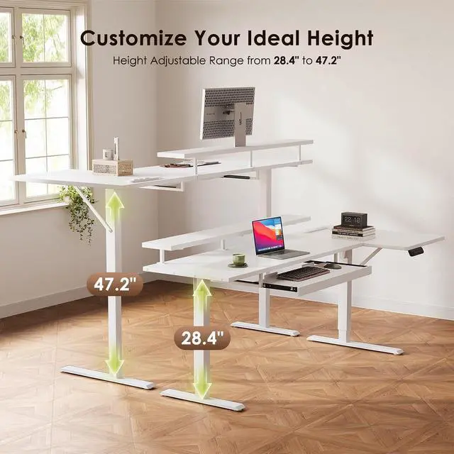 Alt view image 7 of 7 - 63 Inch L Shaped Electric Standing Desk with Keyboard Tray, Reversible Height Adjustable Corner Computer Desk with Monitor Stand, Sit Stand Up Lift Table for Home, Office, White