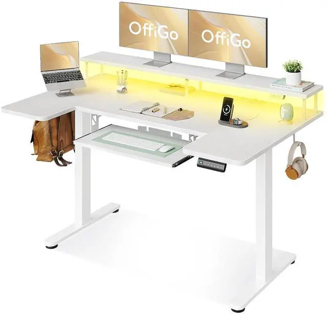 Main image of U Shaped Electric Standing Desk with Keyboard Tray, 55 Inch Height Adjustable Desk with Power Outlets & LED Lights, Sit Stand Table with Monitor Stand for Home, Office, White