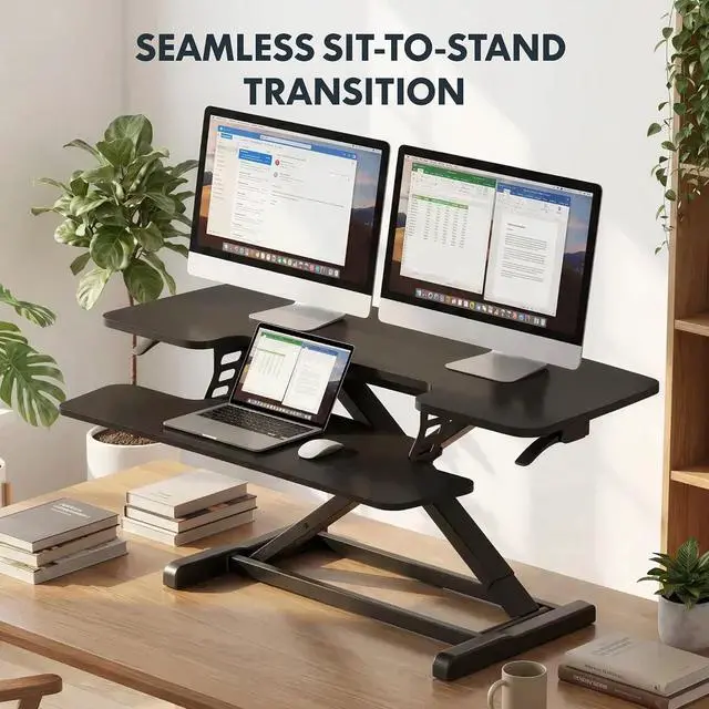 Alt view image 3 of 6 - Standing Desk Converter 42", Extra Large Ergonomic Height Adjustable Sit Stand Desk Riser, Spacious Computer Workstation with Wide Keyboard Tray, Black
