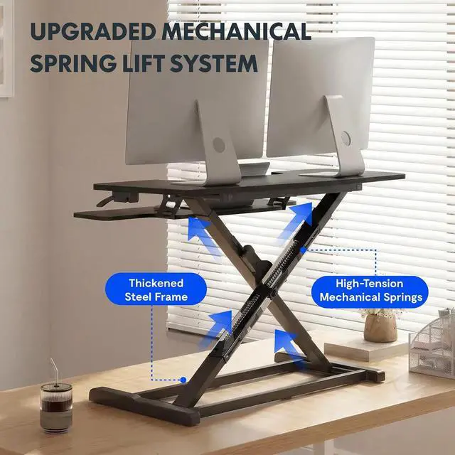 Alt view image 4 of 6 - Standing Desk Converter 42", Extra Large Ergonomic Height Adjustable Sit Stand Desk Riser, Spacious Computer Workstation with Wide Keyboard Tray, Black