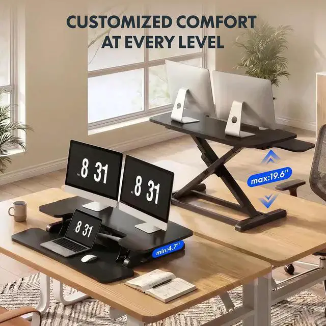 Alt view image 5 of 6 - Standing Desk Converter 42", Extra Large Ergonomic Height Adjustable Sit Stand Desk Riser, Spacious Computer Workstation with Wide Keyboard Tray, Black