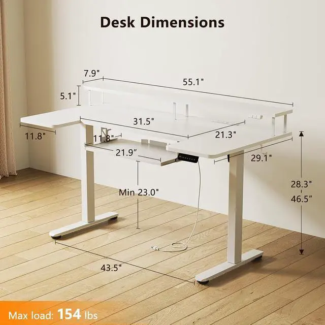Alt view image 3 of 7 - U Shaped Electric Standing Desk with Keyboard Tray, 55 Inch Height Adjustable Desk with Power Outlets & LED Lights, Sit Stand Table with Monitor Stand for Home, Office, White