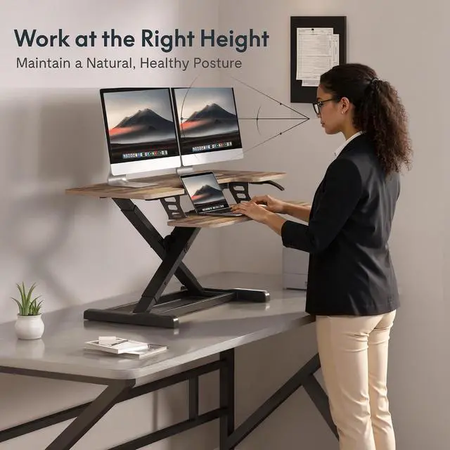 Alt view image 5 of 7 - Standing Desk Converter 42" Extra Large Desk Riser, Spacious Desktop Riser Sit Stand Computer Workstation with Wide Keyboard Tray, Ergonomic Height Adjustable Stand Up Desk Converter, Black