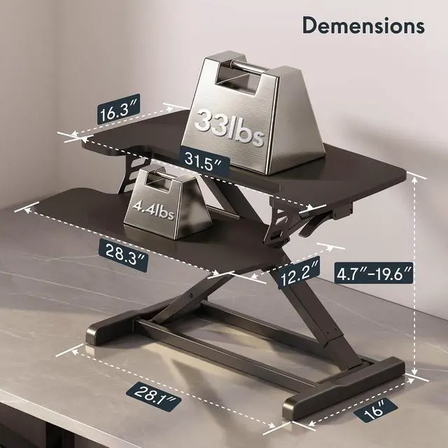 Alt view image 3 of 7 - 32" Standing Desk Converter, Space-Saving Desktop Riser for Home Office, Sit Stand Computer Workstation for Laptop & Dual Monitor Setup, Black