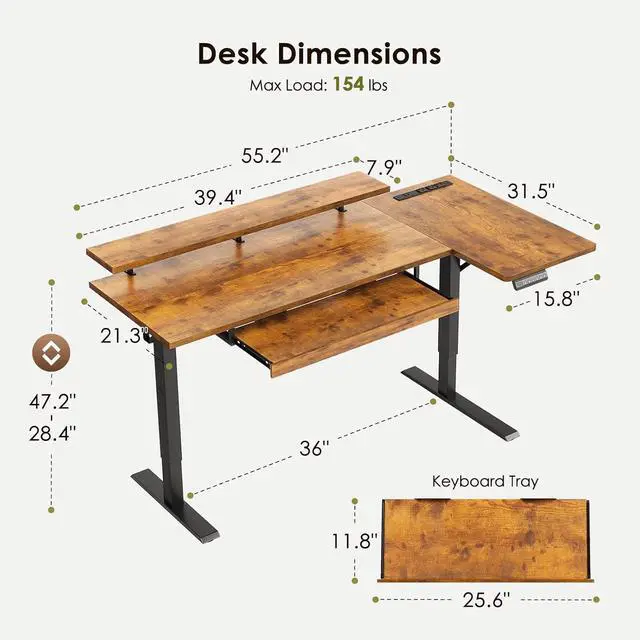 Alt view image 3 of 7 - 55 Inch L Shaped Electric Standing Desk with Keyboard Tray, Reversible Height Adjustable Corner Computer Desk with Monitor Stand, Sit Stand Up Lift Table for Home, Office, Rustic Brown