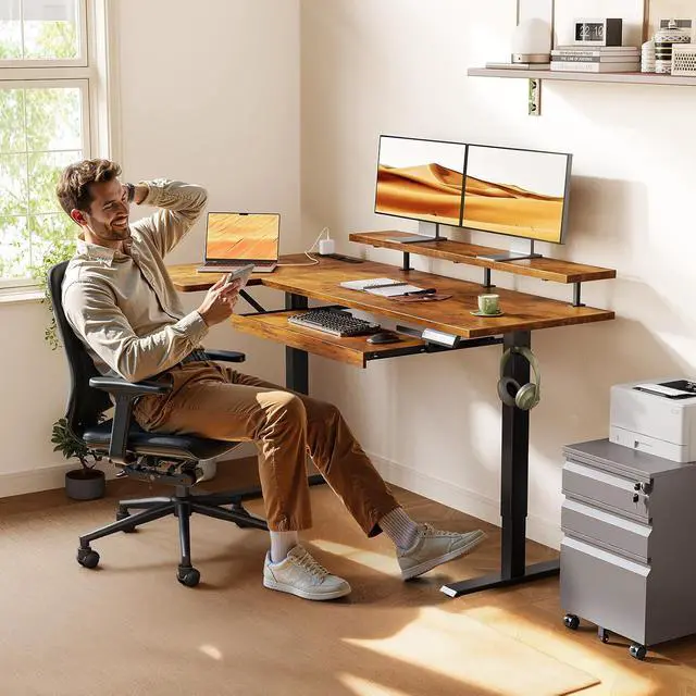 Alt view image 2 of 7 - 55 Inch L Shaped Electric Standing Desk with Keyboard Tray, Reversible Height Adjustable Corner Computer Desk with Monitor Stand, Sit Stand Up Lift Table for Home, Office, Rustic Brown