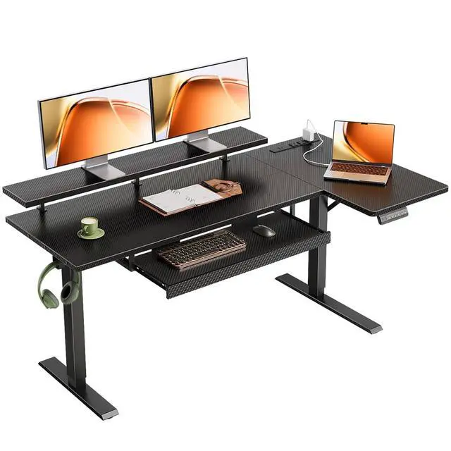 Main image of 55 Inch L Shaped Electric Standing Desk with Keyboard Tray, Reversible Height Adjustable Corner Computer Desk with Monitor Stand, Sit Stand Up Lift Table for Home, Office, Carbon Fiber Black