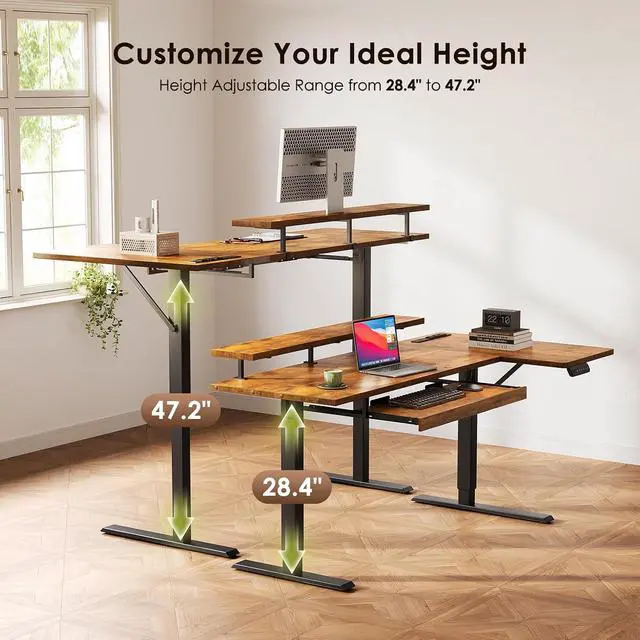 Alt view image 7 of 7 - 55 Inch L Shaped Electric Standing Desk with Keyboard Tray, Reversible Height Adjustable Corner Computer Desk with Monitor Stand, Sit Stand Up Lift Table for Home, Office, Rustic Brown
