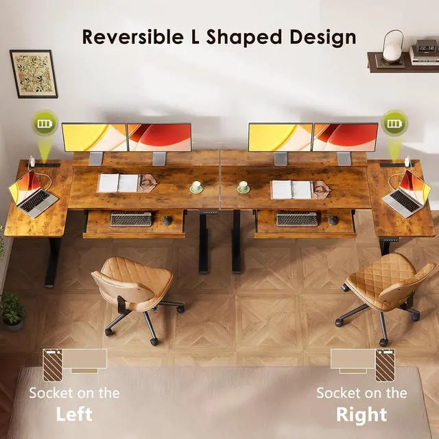 Alt view image 5 of 7 - 55 Inch L Shaped Electric Standing Desk with Keyboard Tray, Reversible Height Adjustable Corner Computer Desk with Monitor Stand, Sit Stand Up Lift Table for Home, Office, Rustic Brown