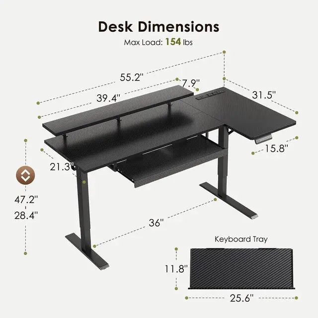 Alt view image 3 of 7 - 55 Inch L Shaped Electric Standing Desk with Keyboard Tray, Reversible Height Adjustable Corner Computer Desk with Monitor Stand, Sit Stand Up Lift Table for Home, Office, Carbon Fiber Black