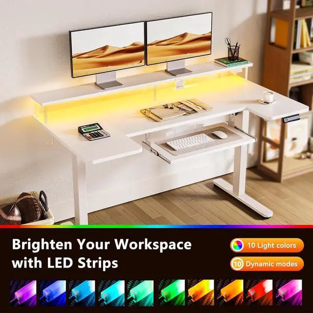 Alt view image 7 of 7 - U Shaped Electric Standing Desk with Keyboard Tray, 55 Inch Height Adjustable Desk with Power Outlets & LED Lights, Sit Stand Table with Monitor Stand for Home, Office, White