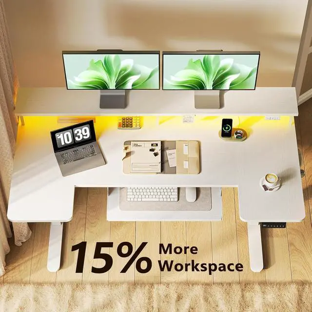Alt view image 5 of 7 - U Shaped Electric Standing Desk with Keyboard Tray, 55 Inch Height Adjustable Desk with Power Outlets & LED Lights, Sit Stand Table with Monitor Stand for Home, Office, White
