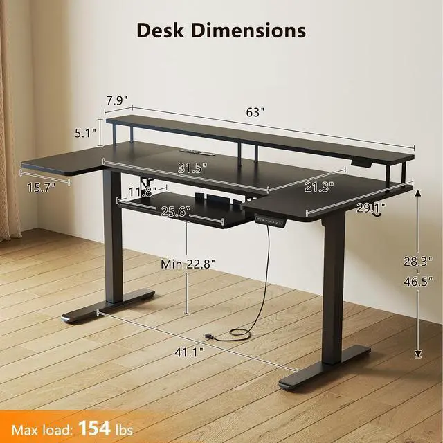 Alt view image 3 of 7 - U Shaped Electric Standing Desk with Keyboard Tray, 63 Inch Height Adjustable Desk with Power Outlets & LED Lights, Sit Stand Table with Monitor Stand for Home, Office, Black