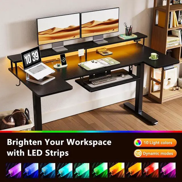 Alt view image 7 of 7 - U Shaped Electric Standing Desk with Keyboard Tray, 63 Inch Height Adjustable Desk with Power Outlets & LED Lights, Sit Stand Table with Monitor Stand for Home, Office, Black