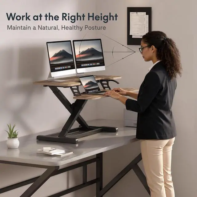 Alt view image 5 of 7 - Standing Desk Converter 36" Desk Riser for Dual Monitor, Sit Stand Computer Workstation with Spacious Keyboard Tray, Ergonomic Height Adjustable Stand Up Desk Riser, Rustic Brown