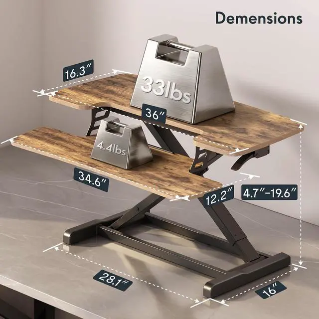 Alt view image 3 of 7 - Standing Desk Converter 36" Desk Riser for Dual Monitor, Sit Stand Computer Workstation with Spacious Keyboard Tray, Ergonomic Height Adjustable Stand Up Desk Riser, Rustic Brown