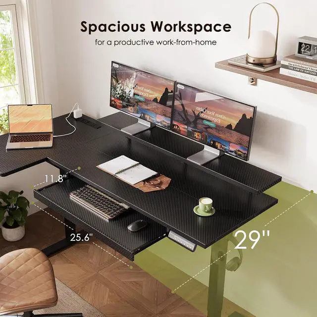 Alt view image 4 of 7 - 55 Inch L Shaped Electric Standing Desk with Keyboard Tray, Reversible Height Adjustable Corner Computer Desk with Monitor Stand, Sit Stand Up Lift Table for Home, Office, Carbon Fiber Black