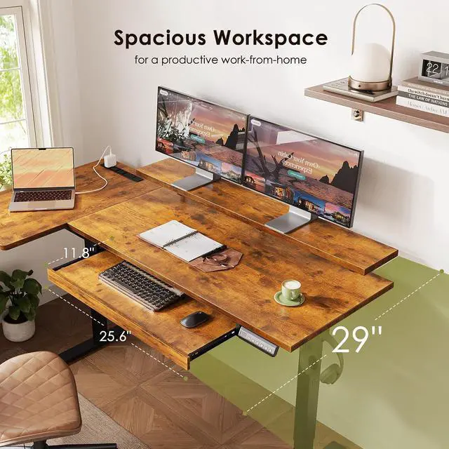 Alt view image 4 of 7 - 55 Inch L Shaped Electric Standing Desk with Keyboard Tray, Reversible Height Adjustable Corner Computer Desk with Monitor Stand, Sit Stand Up Lift Table for Home, Office, Rustic Brown