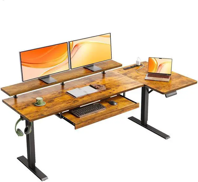 Main image of 63 Inch Electric L Shaped Standing Desk with Keyboard Tray, Reversible Height Adjustable Corner Computer Desk with Monitor Stand, Sit Stand Up Lift Table for Home, Office, Rustic Brown