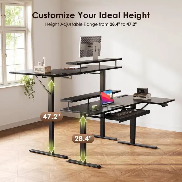 Alt view image 7 of 7 - 55 Inch L Shaped Electric Standing Desk with Keyboard Tray, Reversible Height Adjustable Corner Computer Desk with Monitor Stand, Sit Stand Up Lift Table for Home, Office, Carbon Fiber Black