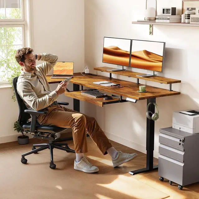 Alt view image 2 of 7 - 63 Inch Electric L Shaped Standing Desk with Keyboard Tray, Reversible Height Adjustable Corner Computer Desk with Monitor Stand, Sit Stand Up Lift Table for Home, Office, Rustic Brown