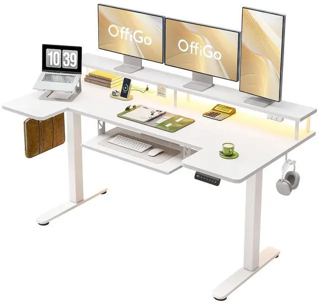 Main image of U Shaped Electric Standing Desk with Keyboard Tray, 63 Inch Height Adjustable Desk with Power Outlets & LED Lights, Sit Stand Table with Monitor Stand for Home, Office, White
