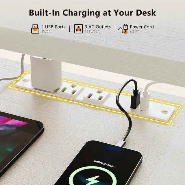 Alt view image 7 of 7 - U Shaped Electric Standing Desk with Keyboard Tray, 63 Inch Height Adjustable Desk with Power Outlets & LED Lights, Sit Stand Table with Monitor Stand for Home, Office, White