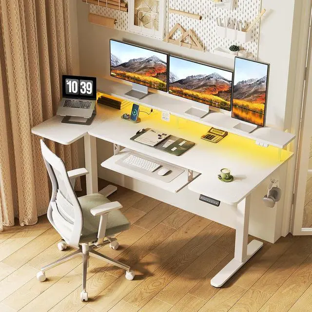 Alt view image 2 of 7 - U Shaped Electric Standing Desk with Keyboard Tray, 63 Inch Height Adjustable Desk with Power Outlets & LED Lights, Sit Stand Table with Monitor Stand for Home, Office, White