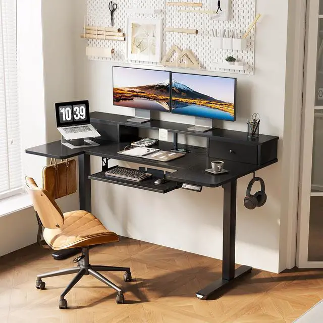 Alt view image 2 of 7 - U Shaped Electric Standing Desk with Drawers, 55 Inch Height Adjustable Desk with Keyboard Tray Ergonomic Monitor Stand, Sit Stand Table with Power Outlets for Home, Office, Black