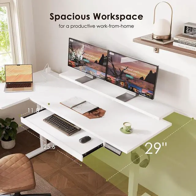 Alt view image 4 of 7 - 63 Inch L Shaped Electric Standing Desk with Keyboard Tray, Reversible Height Adjustable Corner Computer Desk with Monitor Stand, Sit Stand Up Lift Table for Home, Office, White