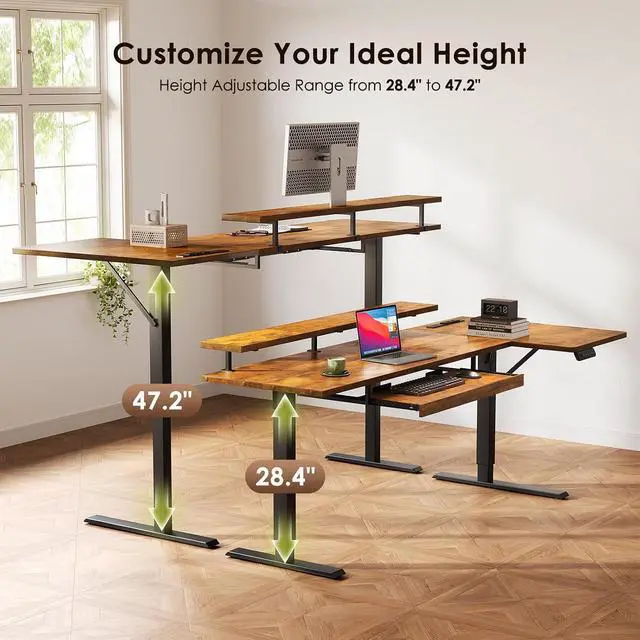 Alt view image 7 of 7 - 63 Inch Electric L Shaped Standing Desk with Keyboard Tray, Reversible Height Adjustable Corner Computer Desk with Monitor Stand, Sit Stand Up Lift Table for Home, Office, Rustic Brown