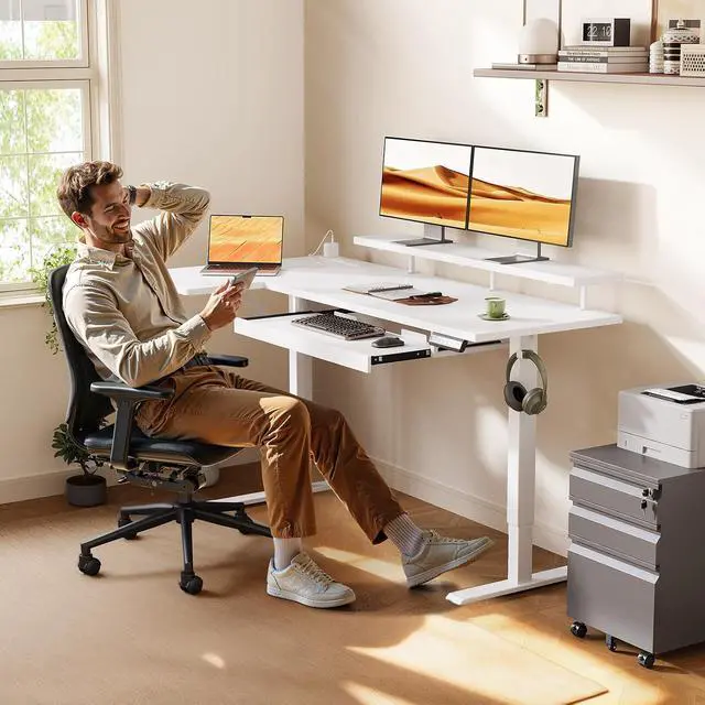 Alt view image 2 of 7 - 55 Inch Electric L Shaped Standing Desk with Keyboard Tray, Reversible Height Adjustable Corner Computer Desk with Monitor Stand, Sit Stand Up Lift Table for Home, Office, White