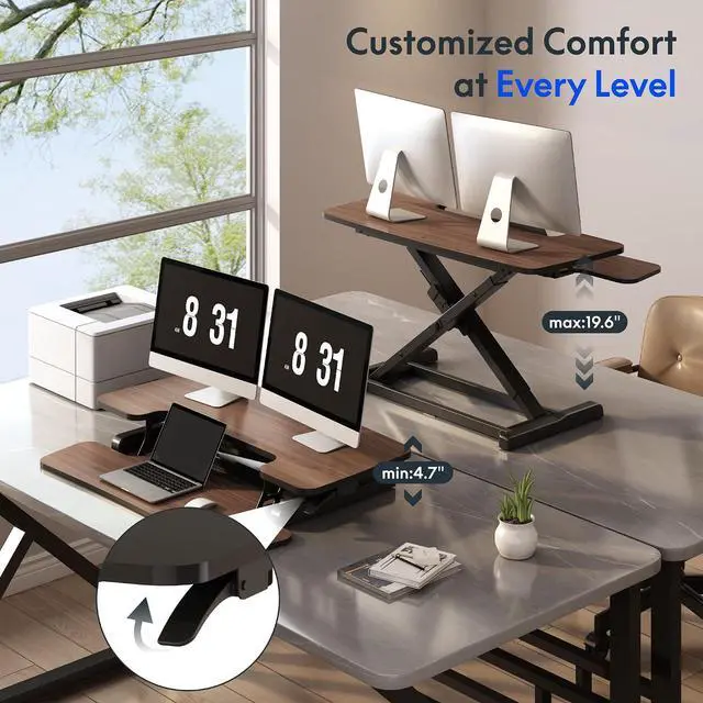 Alt view image 7 of 7 - 36" Standing Desk Converter, Dual Monitor Desk Riser, Sit Stand Computer Workstation with Ergonomic Height Adjustment, Large Stand Up Desk Riser for Home Office, Walnut