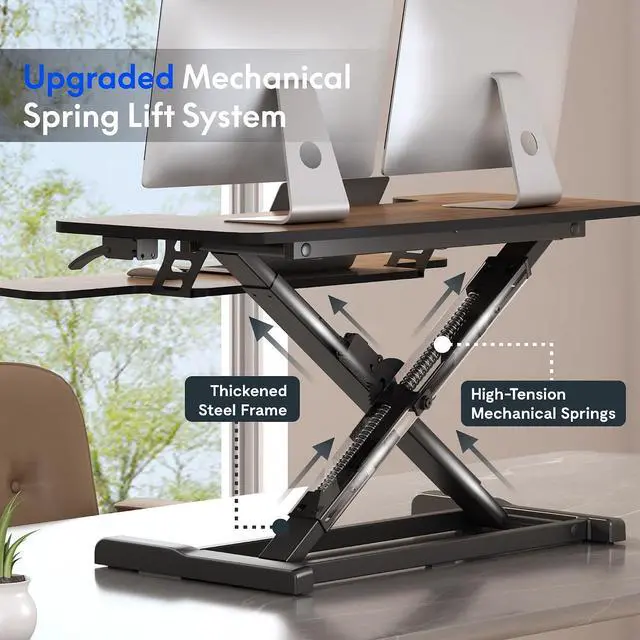 Alt view image 4 of 7 - 36" Standing Desk Converter, Dual Monitor Desk Riser, Sit Stand Computer Workstation with Ergonomic Height Adjustment, Large Stand Up Desk Riser for Home Office, Walnut