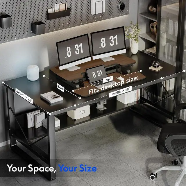 Alt view image 6 of 7 - 36" Standing Desk Converter, Dual Monitor Desk Riser, Sit Stand Computer Workstation with Ergonomic Height Adjustment, Large Stand Up Desk Riser for Home Office, Walnut