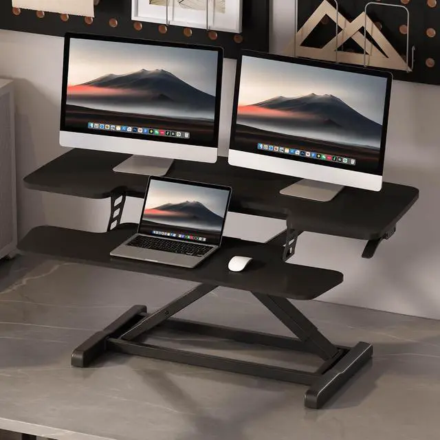 Alt view image 2 of 7 - Standing Desk Converter 40" Large Desk Riser, Spacious Desktop Riser Sit Stand Computer Workstation with Wide Keyboard Tray, Ergonomic Height Adjustable Stand Up Desk Converter, Black