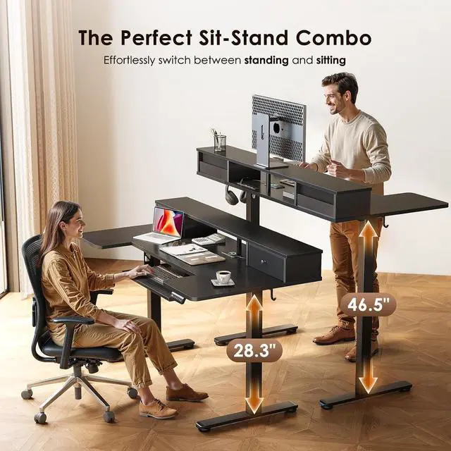 Alt view image 5 of 7 - U Shaped Electric Standing Desk with Drawers, 55 Inch Height Adjustable Desk with Keyboard Tray Ergonomic Monitor Stand, Sit Stand Table with Power Outlets for Home, Office, Black
